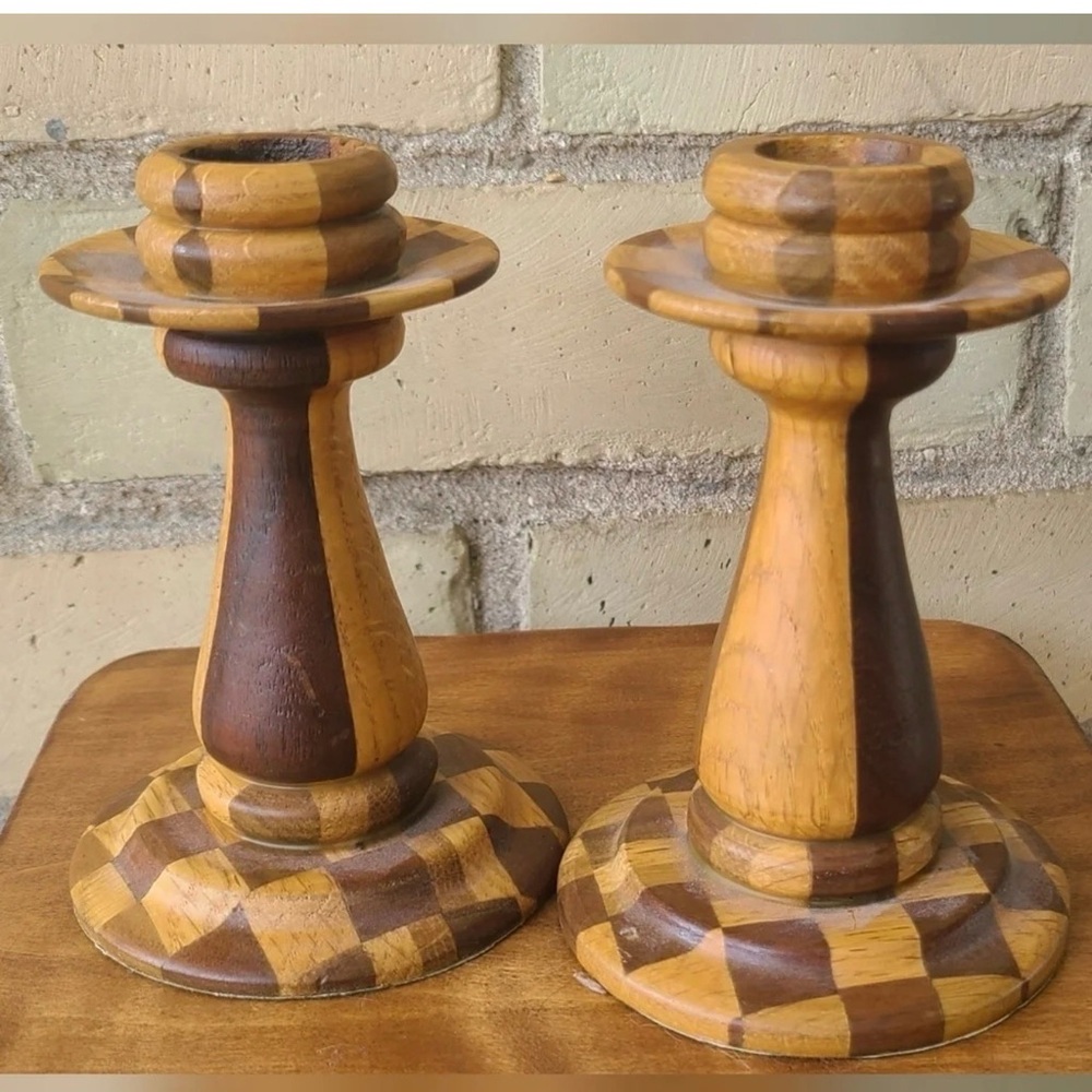 Wooden Checkered Candle Holders